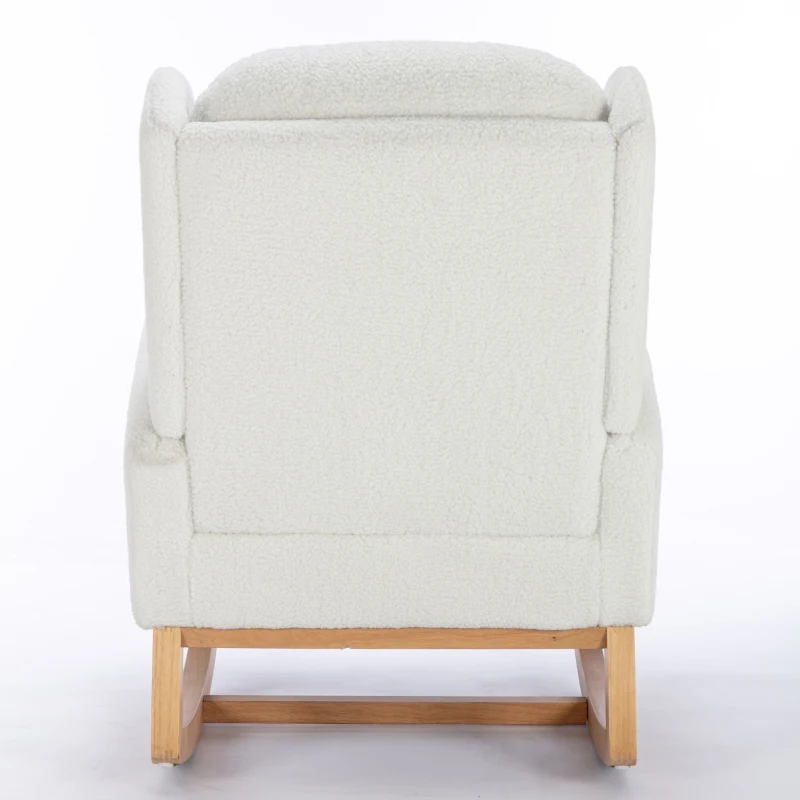 Scaun balansoar modern cu husă din material Teddy, fotoliu cu design ergonomic cu spătar înalt, pentru living și dormitor, 71x96,5x101 cm, Alb