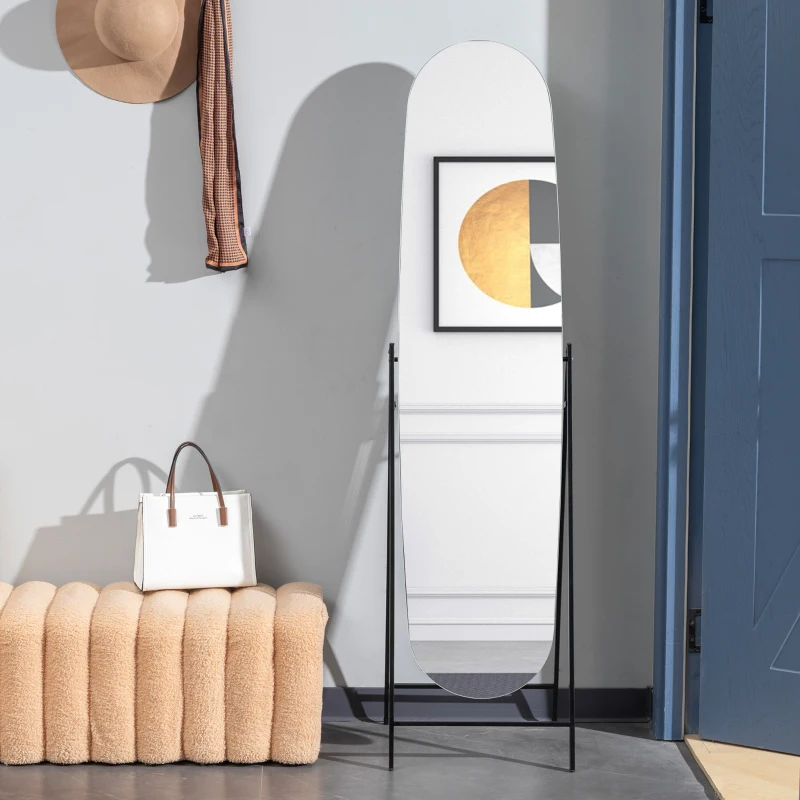 HOMCOM Miroir sur Pied Arqué 160x40 cm sans Cadre Support Métallique Miroir de Corps Entier à poser ou accrocher au Mur Noir