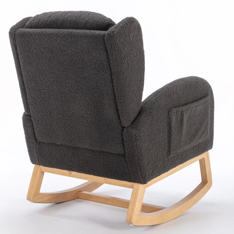 Sedia a dondolo moderna rivestita in tessuto Teddy con design ergonomico a schienale alto, per soggiorno e camera da letto, 71x96.5x101 cm, Grigio Scuro