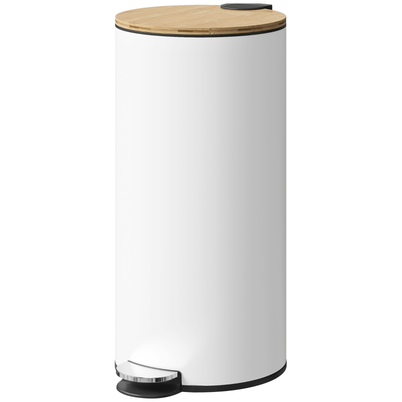 HOMCOM Bidone della Spazzatura per Cucina 30L con Pedale, Coperchio in Bambù con Chiusura Delicata e Cubo Estraibile, Bianco