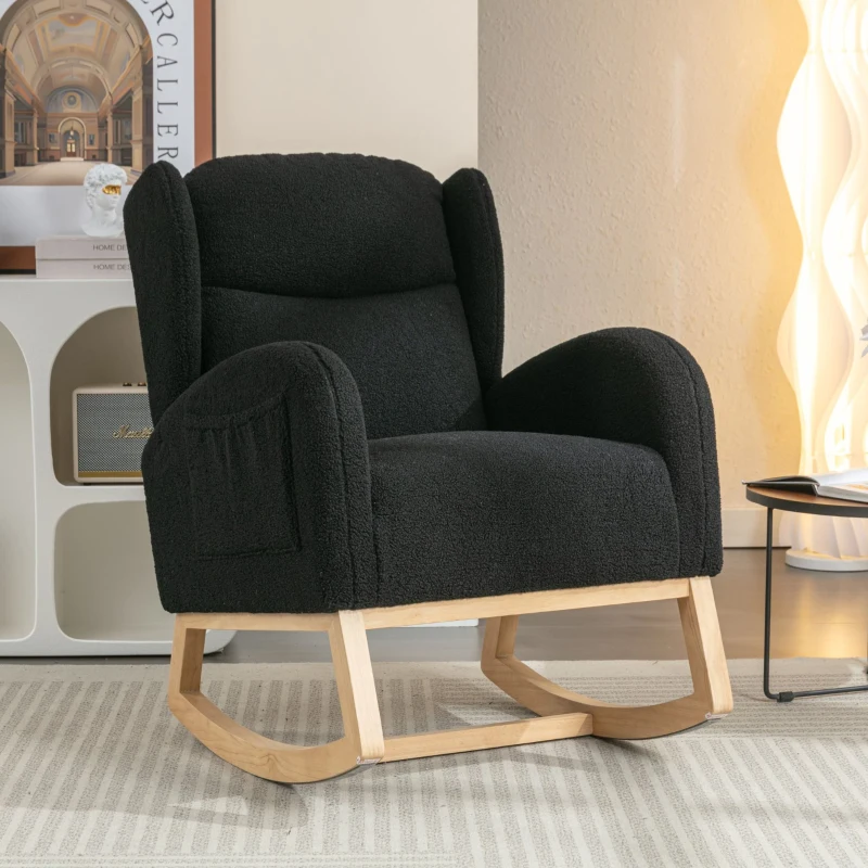 Fauteuil à bascule moderne avec revêtement en tissu Teddy, fauteuil à oreilles avec design ergonomique à dossier en aile, pour salon et chambre, 71x96,5x101 cm, Noir