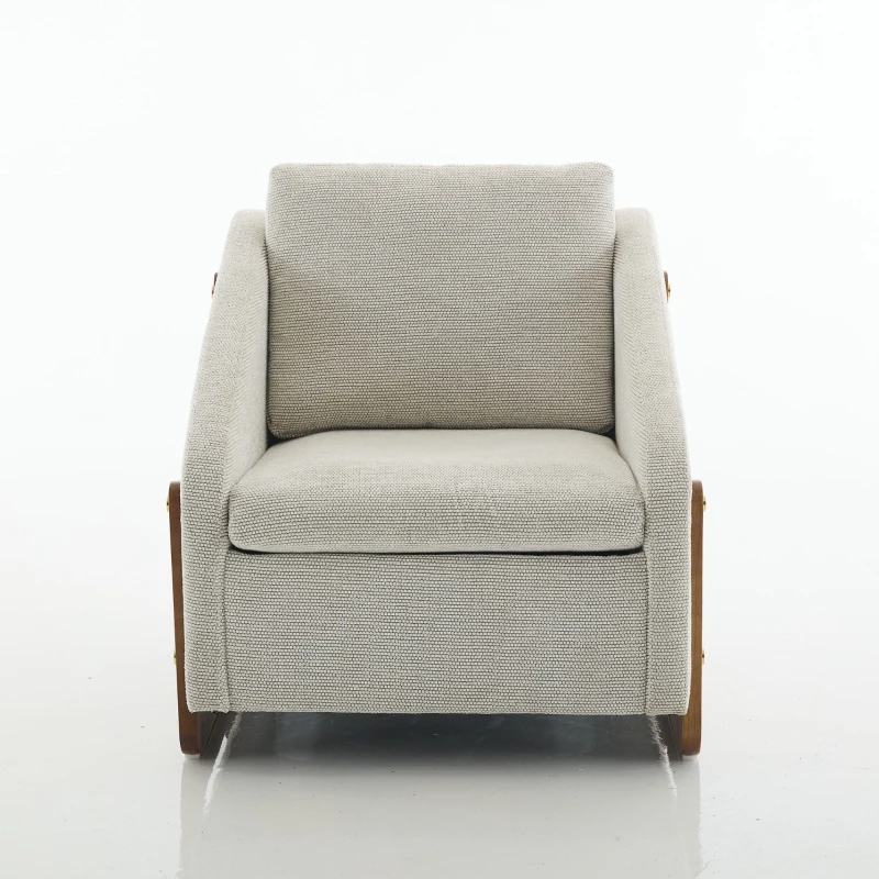 Fauteuil au style moderne pour salon, avec accoudoirs en bois et coussin de dossier, tissu chenille, 73,5x73,5x73,5 cm, Beige