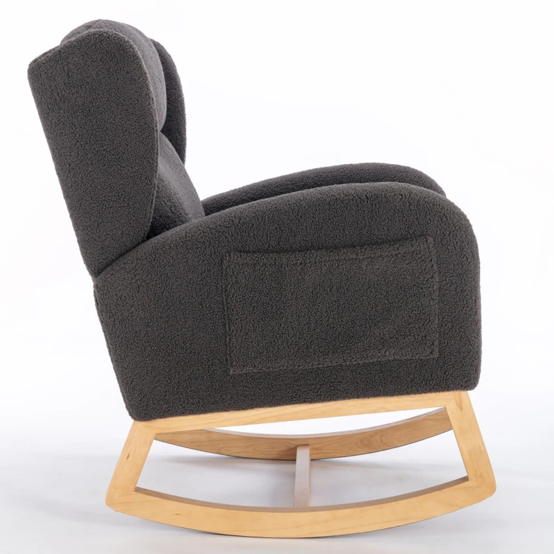 Sedia a dondolo moderna rivestita in tessuto Teddy con design ergonomico a schienale alto, per soggiorno e camera da letto, 71x96.5x101 cm, Grigio Scuro