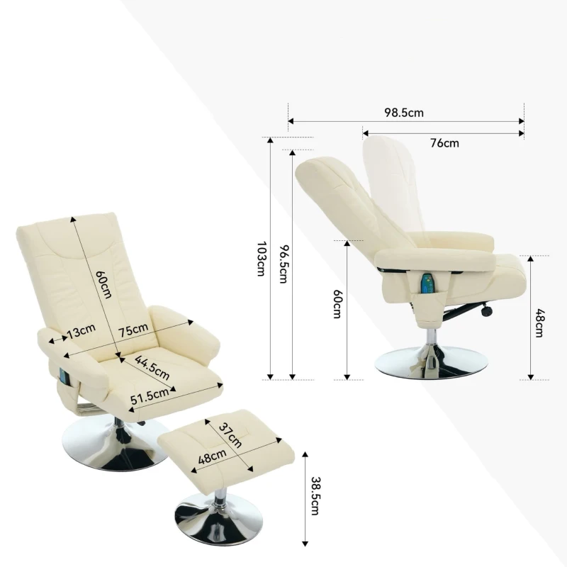 Poltrona relax, reclinabile e massaggiante a 5 punti, con funzione di riscaldamento elettrico e poggiapiedi, girevole a 360°, in tessuto PU, 75x76x103 cm, Beige