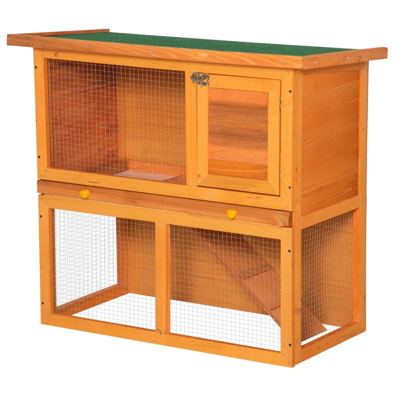 PawHut 2-Tier Rabbit Hutch Wooden Guinea Pig Hutch Double Decker Pet Cage Run with Sliding Tray