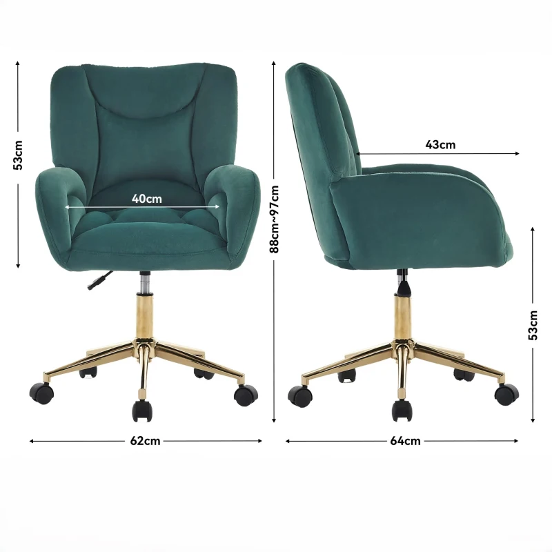 Silla Giratoria Ajustable en Altura en Tela de Terciopelo con Patas Doradas Diseño Ergonómico para Oficina y Dormitorio 62x64x88-97 cm Verde