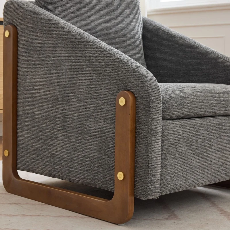 Fauteuil au style moderne pour salon, avec accoudoirs en bois et coussin de dossier, tissu chenille, 73,5x73,5x73,5 cm, Gris
