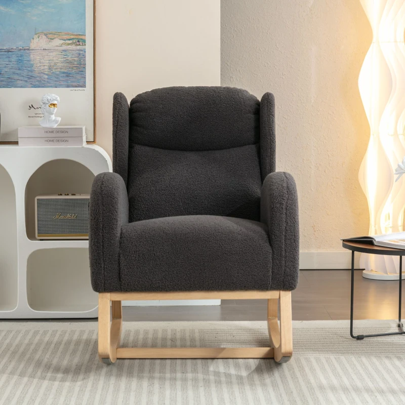 Sedia a dondolo moderna rivestita in tessuto Teddy con design ergonomico a schienale alto, per soggiorno e camera da letto, 71x96.5x101 cm, Grigio Scuro