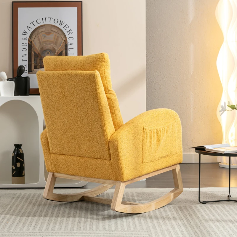 Sedia a dondolo moderna rivestita in tessuto Teddy con design ergonomico a schienale alto, per soggiorno e camera da letto, 71x96.5x101 cm, Giallo