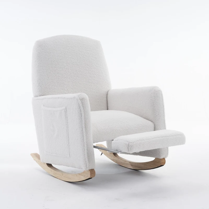 Scaun balansoar cu taburet, fotoliu de relaxare cu spătar înalt, material Teddy, 67x96-127x96 cm, Alb