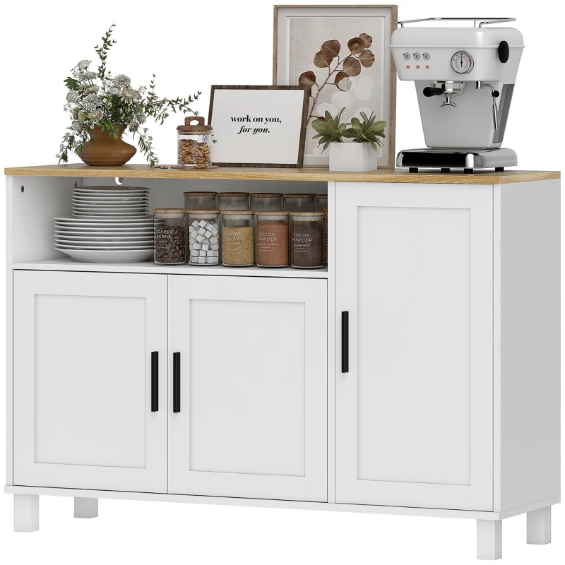 HOMCOM Kommode Küche mit gedämpften Türen, 2 Schränke und offenem Fach aus Holz, 110x33x75 cm, Weiß