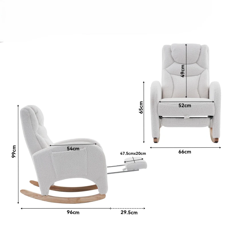 Silla Mecedora Sillón Relax con Reposabrazos Acolchado y Ergonómico para Sala de Estar y Dormitorio 66x96-125,5x99 cm Blanco