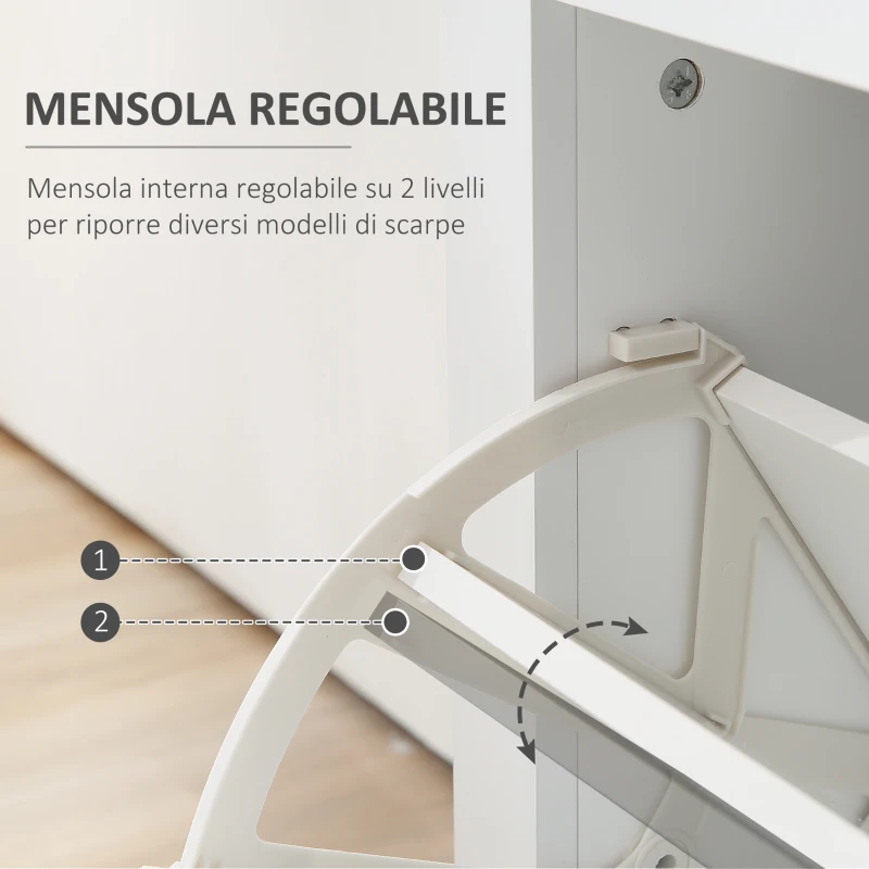 HOMCOM Scarpiera Moderna con 2 Cassetti per 16 Scarpe, Scarpiera a Ribalta con Mensola Regolabile e Ripiano in Vetro, 89x23x96cm, Bianco Lucido