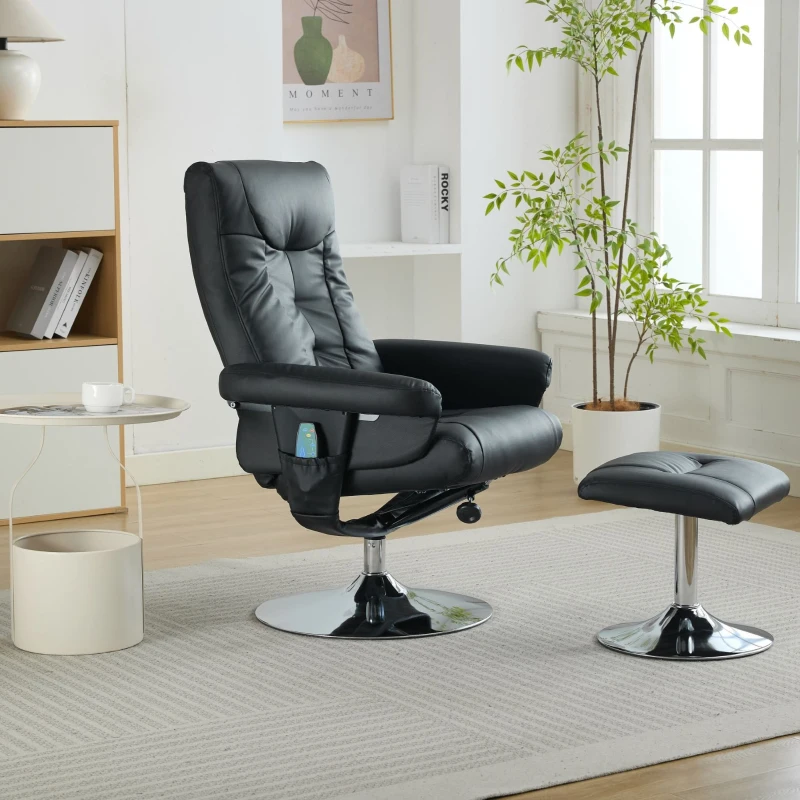 Poltrona relax, reclinabile e massaggiante a 5 punti, con funzione di riscaldamento elettrico e poggiapiedi, girevole a 360°, in tessuto PU, 75x76x103 cm, Nero