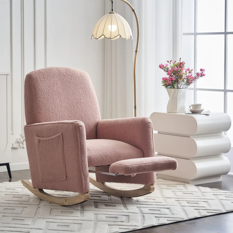 Sedia a dondolo con poggiapiedi e schienale alto, in tessuto Teddy, 67x96-127x96 cm, Rosa