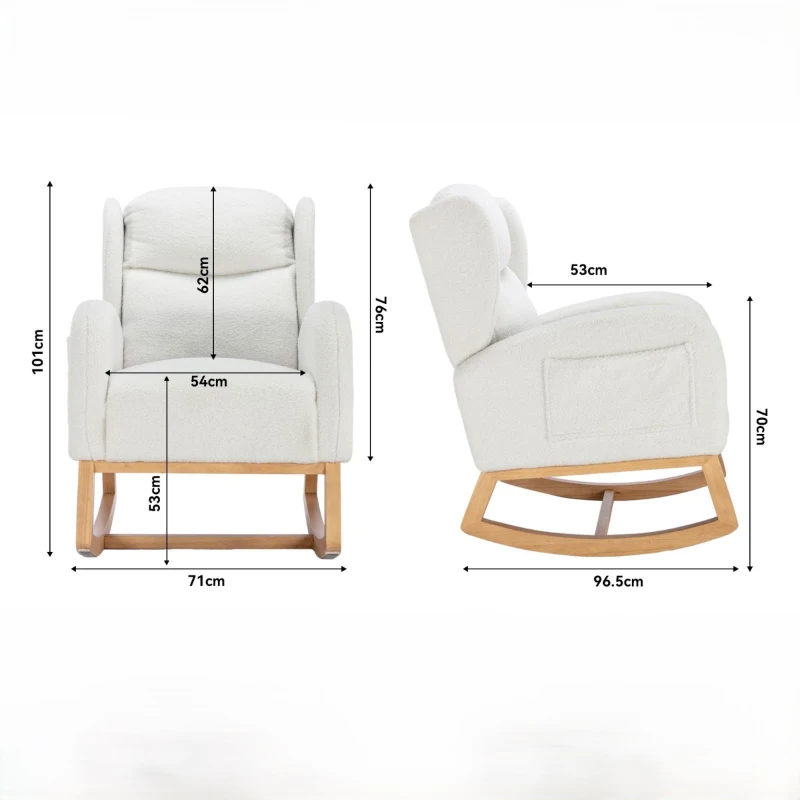 Scaun balansoar modern cu husă din material Teddy, fotoliu cu design ergonomic cu spătar înalt, pentru living și dormitor, 71x96,5x101 cm, Alb