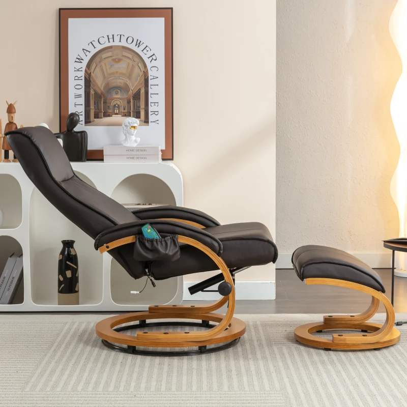 Poltrona massaggiante a 5 punti con base in legno curvato e rivestita in pelle PU, 67x85x103 cm, Marrone