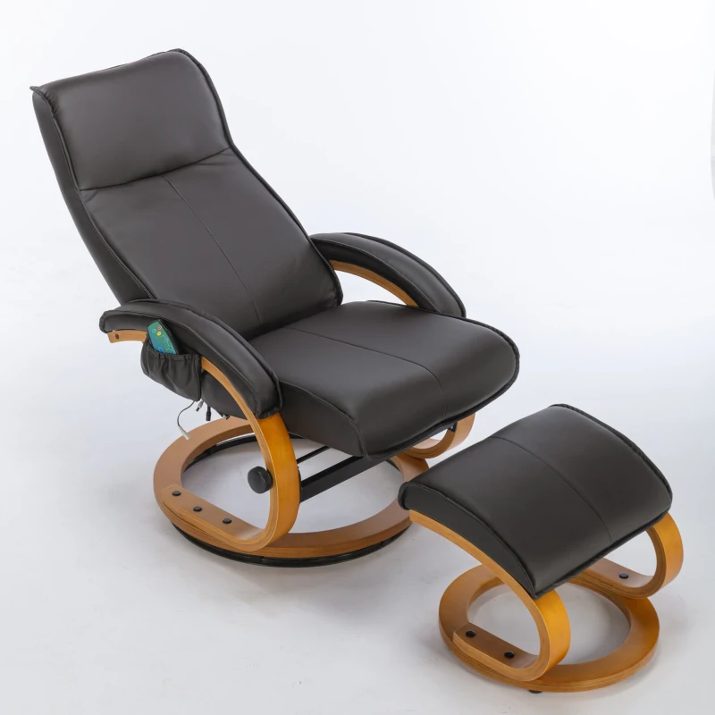 Poltrona massaggiante a 5 punti con base in legno curvato e rivestita in pelle PU, 67x85x103 cm, Marrone