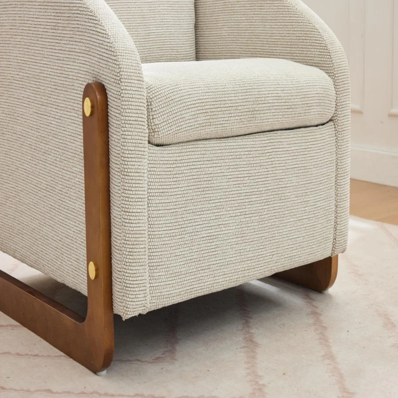 Fauteuil au style moderne pour salon, avec accoudoirs en bois et coussin de dossier, tissu chenille, 73,5x73,5x73,5 cm, Beige
