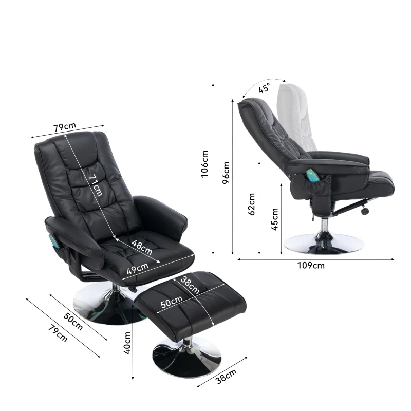 Massagesessel 5-Punkt Massage mit Heizfunktion und Ottomane 360° drehbar für Wohnzimmer und Schlafzimmer Schwarz