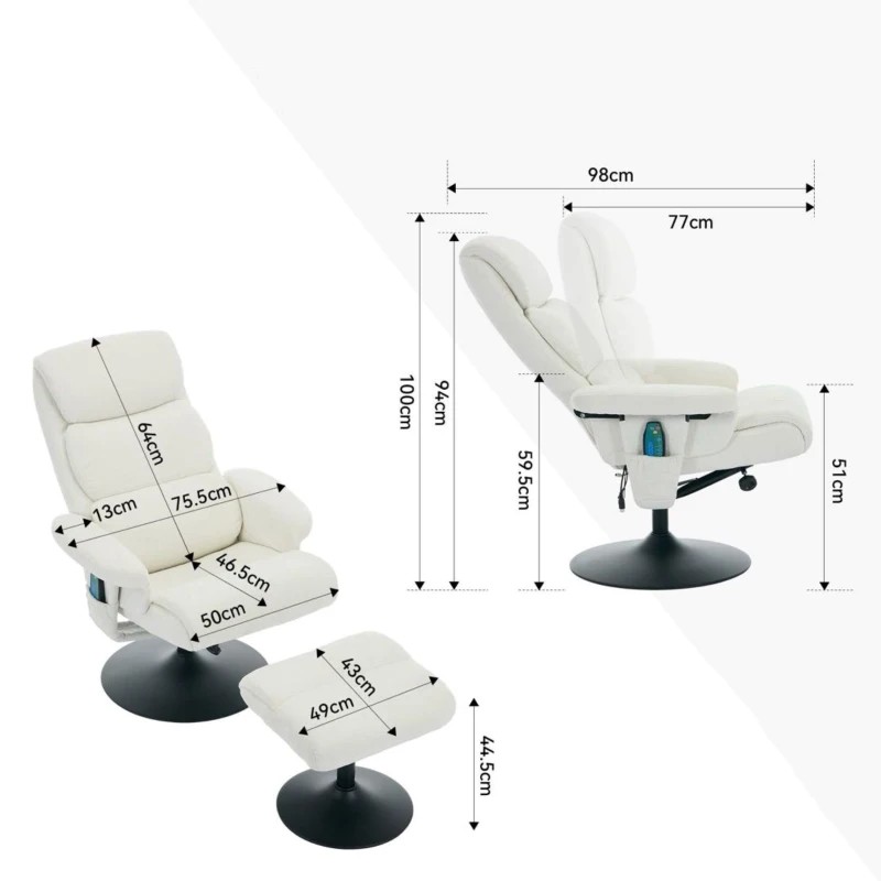 Fauteuil relax avec fonction d'inclinaison et massage 5 points, fauteuil TV avec fonction de chauffage électrique et repose-pieds, pivotant à 360°, tissu chenille, 75,5x77x100 cm, Blanc