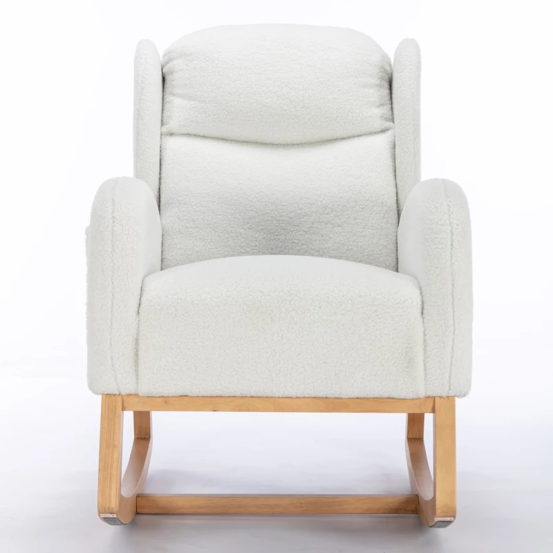 Moderner Schaukelstuhl mit Teddy-Stoffbezug, Ohrensessel mit ergonomischem Wingback-Design, für Wohnzimmer und Schlafzimmer, 71x96,5x101 cm, Weiß