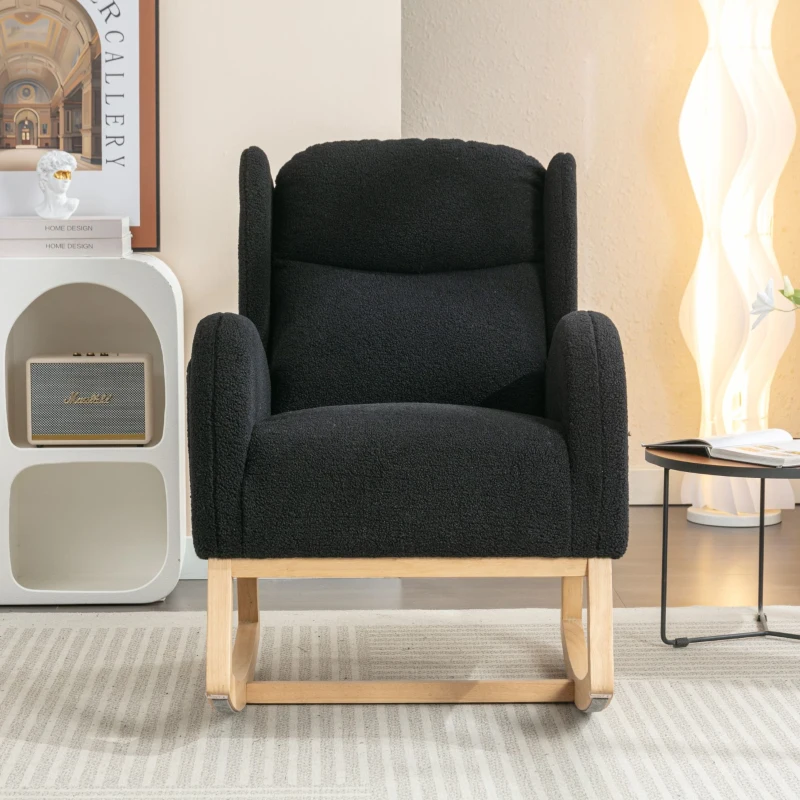 Fauteuil à bascule moderne avec revêtement en tissu Teddy, fauteuil à oreilles avec design ergonomique à dossier en aile, pour salon et chambre, 71x96,5x101 cm, Noir