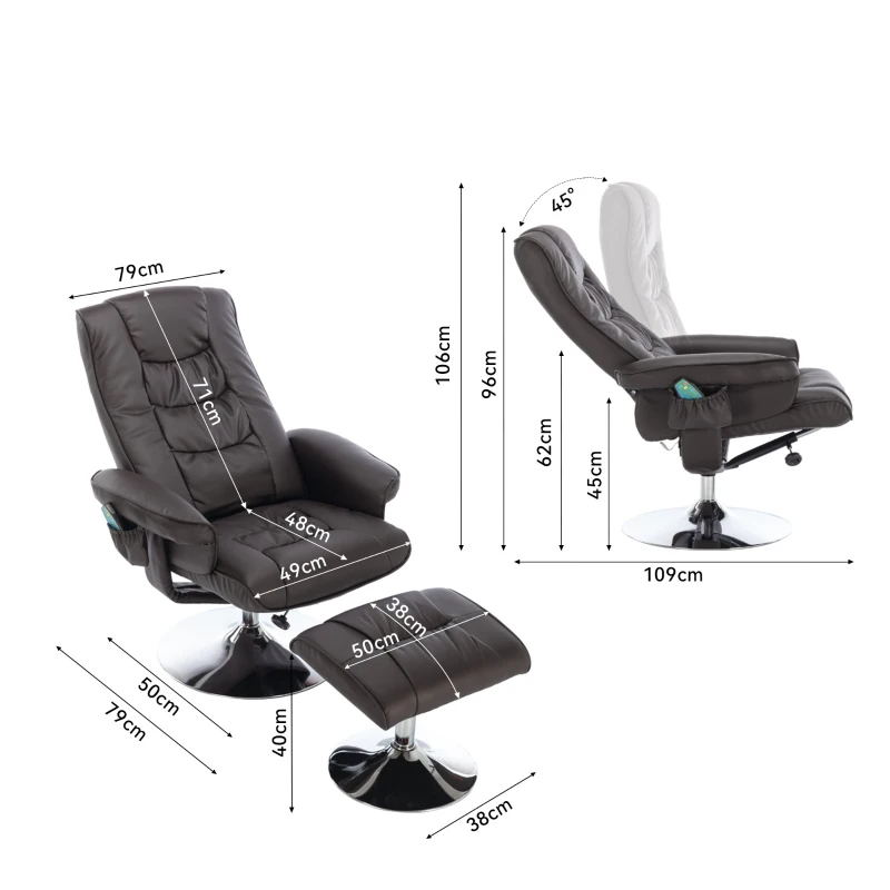 Poltrona massaggiante a 5 punti e riscaldante, girevole a 360°, rivestita in pelle PU, 79x79x106 cm, Marrone
