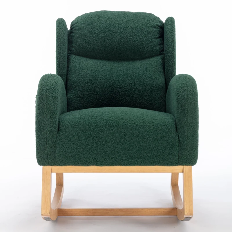 Moderner Schaukelstuhl mit Teddy-Stoffbezug, Ohrensessel mit ergonomischem Wingback-Design, für Wohnzimmer und Schlafzimmer, 71x96,5x101 cm, Grün