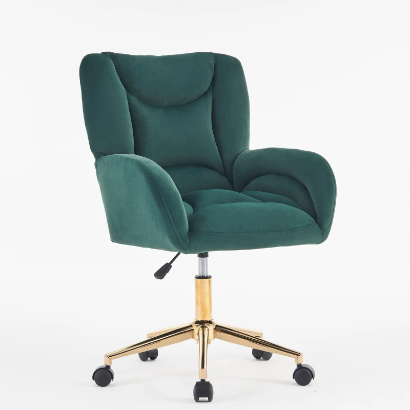 Silla Giratoria Ajustable en Altura en Tela de Terciopelo con Patas Doradas Diseño Ergonómico para Oficina y Dormitorio 62x64x88-97 cm Verde
