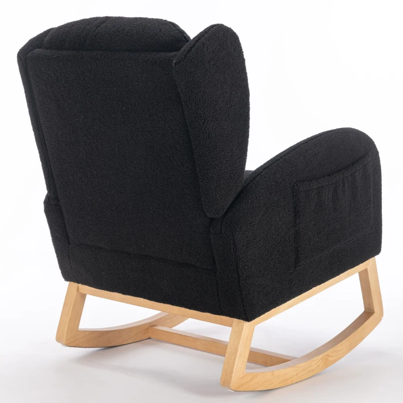 Fauteuil à bascule moderne avec revêtement en tissu Teddy, fauteuil à oreilles avec design ergonomique à dossier en aile, pour salon et chambre, 71x96,5x101 cm, Noir