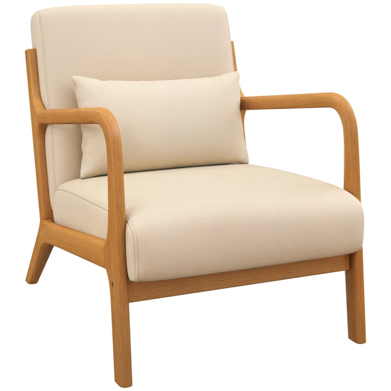 HOMCOM Butaca Nórdica Sillón de Salón Acolchado con Reposabrazos Cojín y Marco de Madera de Caucho 61x78x76 cm Beige(m-11)