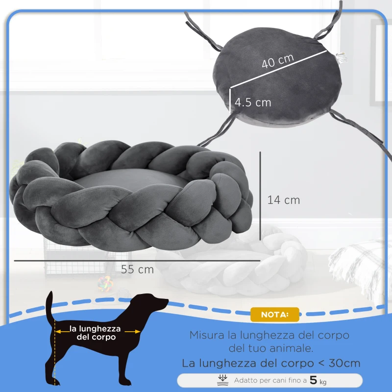 PawHut Letto per Cani e Gatti da Interni Imbottito e Lavabile con Cuscino Separato, Ø55x14cm, Grigio