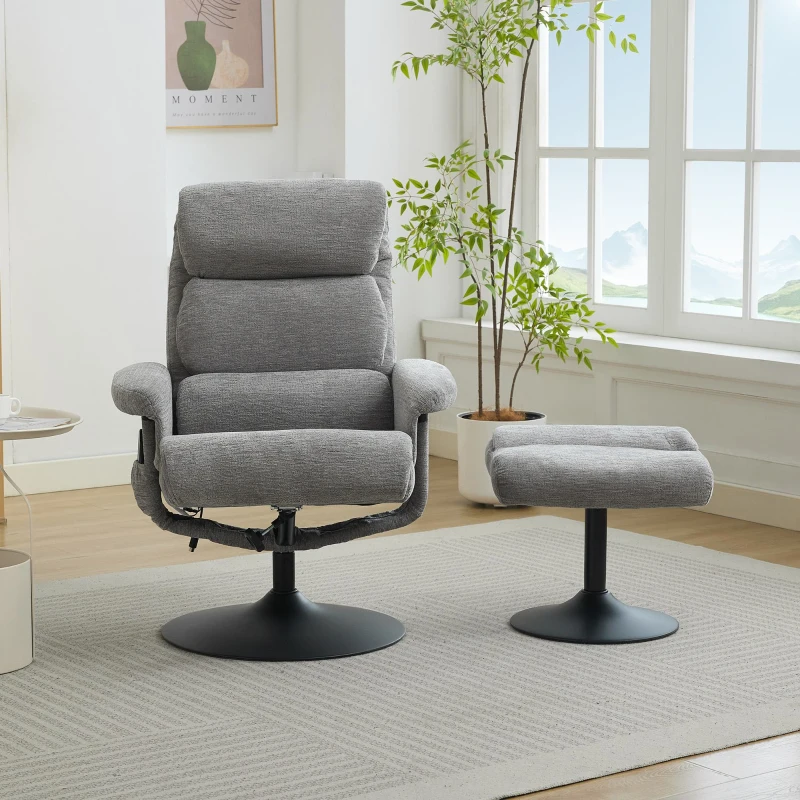 Fotoliu de relaxare cu funcție de înclinare și masaj în 5 puncte, fotoliu TV cu funcție de încălzire electrică și taburet, rotativ 360°, material chenille, 75,5x77x100 cm, Gri
