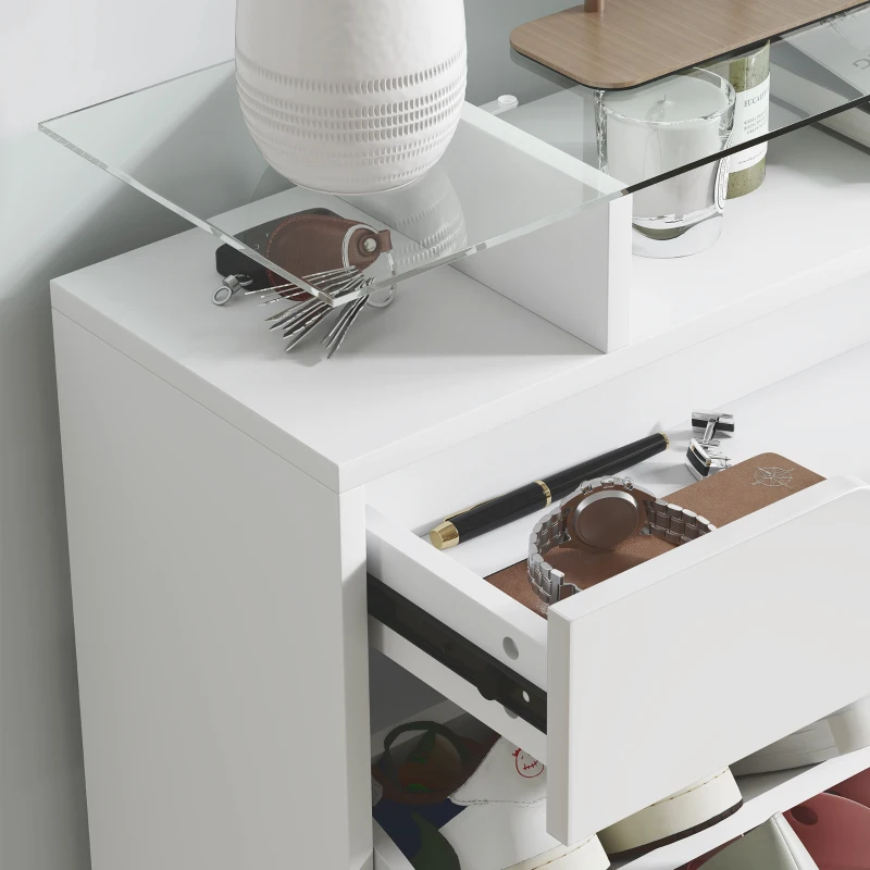 HOMCOM Scarpiera Moderna con 2 Cassetti per 16 Scarpe, Scarpiera a Ribalta con Mensola Regolabile e Ripiano in Vetro, 89x23x96cm, Bianco Lucido