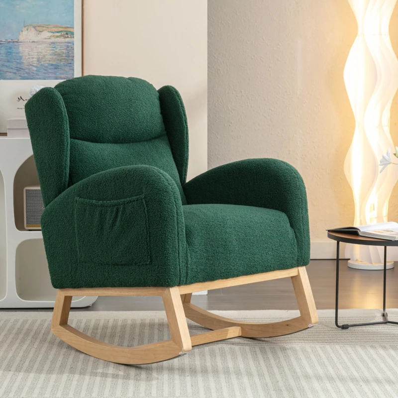 Sedia a dondolo moderna rivestita in tessuto Teddy con design ergonomico a schienale alto, per soggiorno e camera da letto, 71x96.5x101 cm, Verde