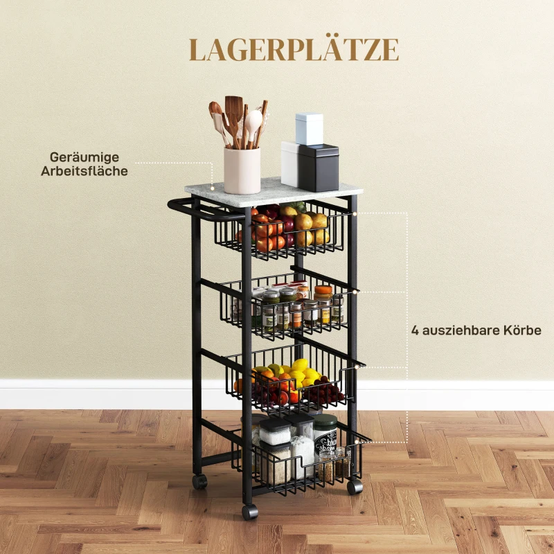 HOMCOM 4-poziomowy wózek kuchenny na kółkach, mobilny wózek do serwowania, wózek kuchenny z 4 stalowymi koszami, wózek do serwowania