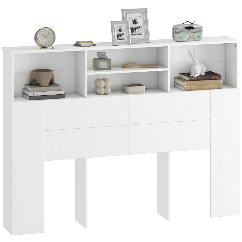 HOMCOM Cabecero de cama con almacenamiento, accesorio de cama 4 compartimentos abiertos, 140 x 19 x 103,5 cm, blanco