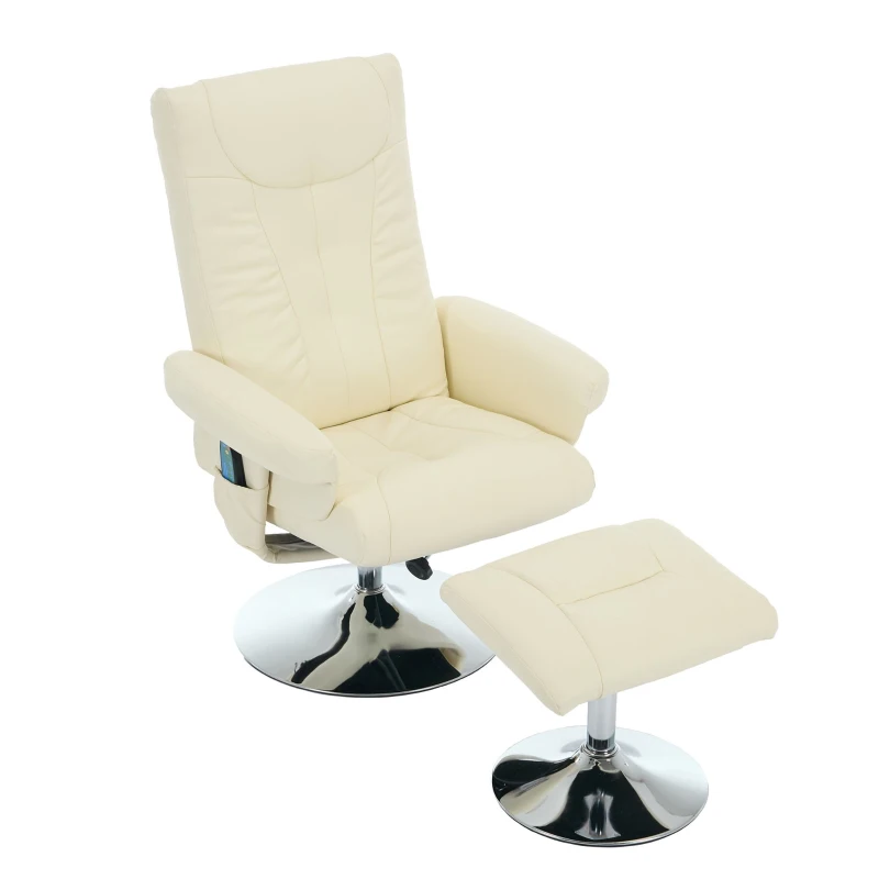 Relaxsessel mit Liegefunktion und 5-Punkte-Massage, Fernsehsessel mit elektrischer Heizfunktion und Hocker, 360° drehbar, PU-Stoff, 75x76x103 cm, Beige