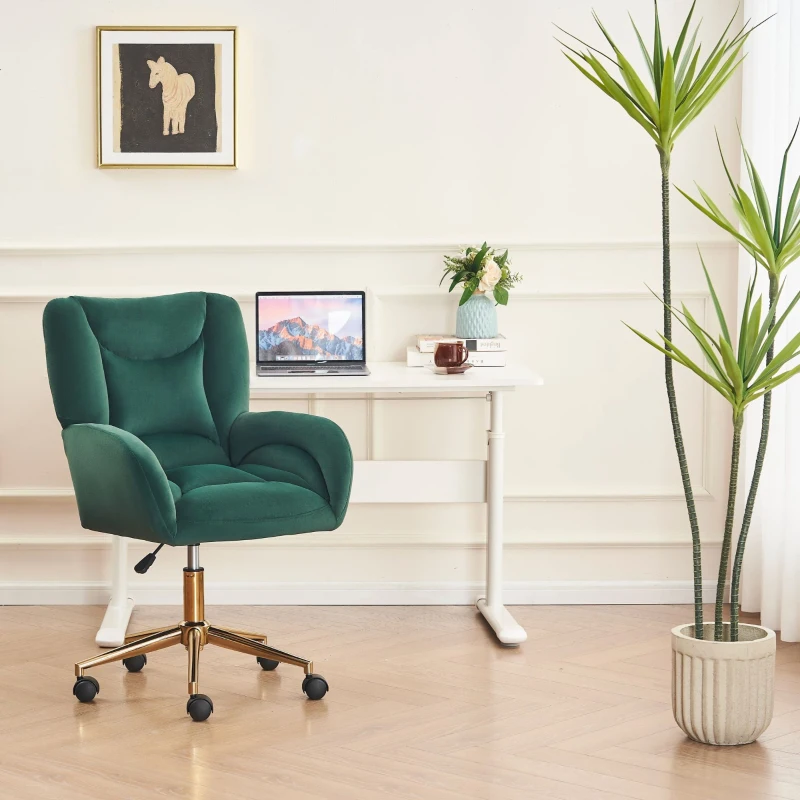 Silla Giratoria Ajustable en Altura en Tela de Terciopelo con Patas Doradas Diseño Ergonómico para Oficina y Dormitorio 62x64x88-97 cm Verde