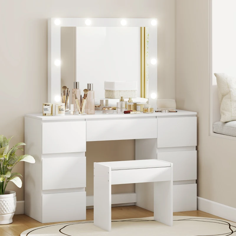 HOMCOM Tocador de Maquillaje con Espejo Estilo Hollywood, 8 Luces LED, 7 Cajones y Taburete Acolchado, Blanco
