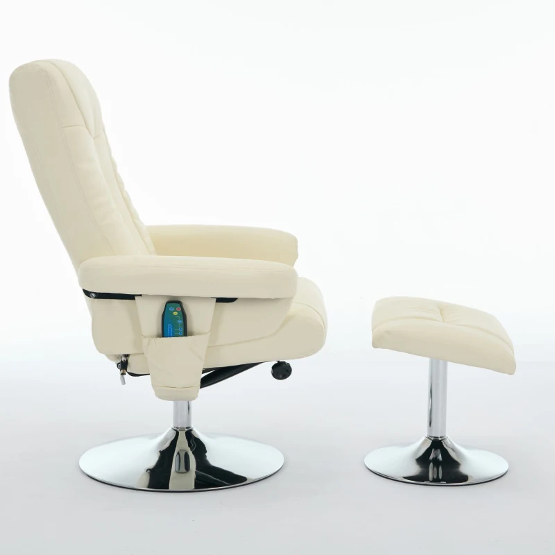 Poltrona relax, reclinabile e massaggiante a 5 punti, con funzione di riscaldamento elettrico e poggiapiedi, girevole a 360°, in tessuto PU, 75x76x103 cm, Beige