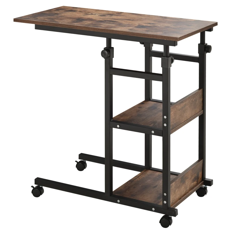 HOMCOM Beistelltisch mit Rollen, höhenverstellbar, kompakt, 2 Ablageböden, Metallrahmen, 80x40x72-82 cm, Braun/Schwarz