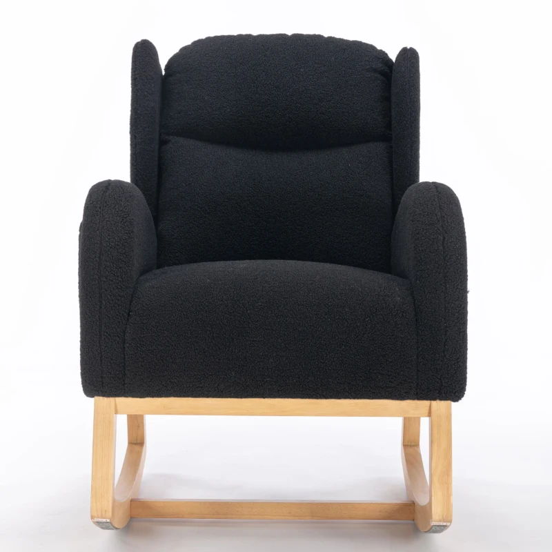 Moderner Schaukelstuhl mit Teddy-Stoffbezug, Ohrensessel mit ergonomischem Wingback-Design, für Wohnzimmer und Schlafzimmer, 71x96,5x101 cm, Schwarz