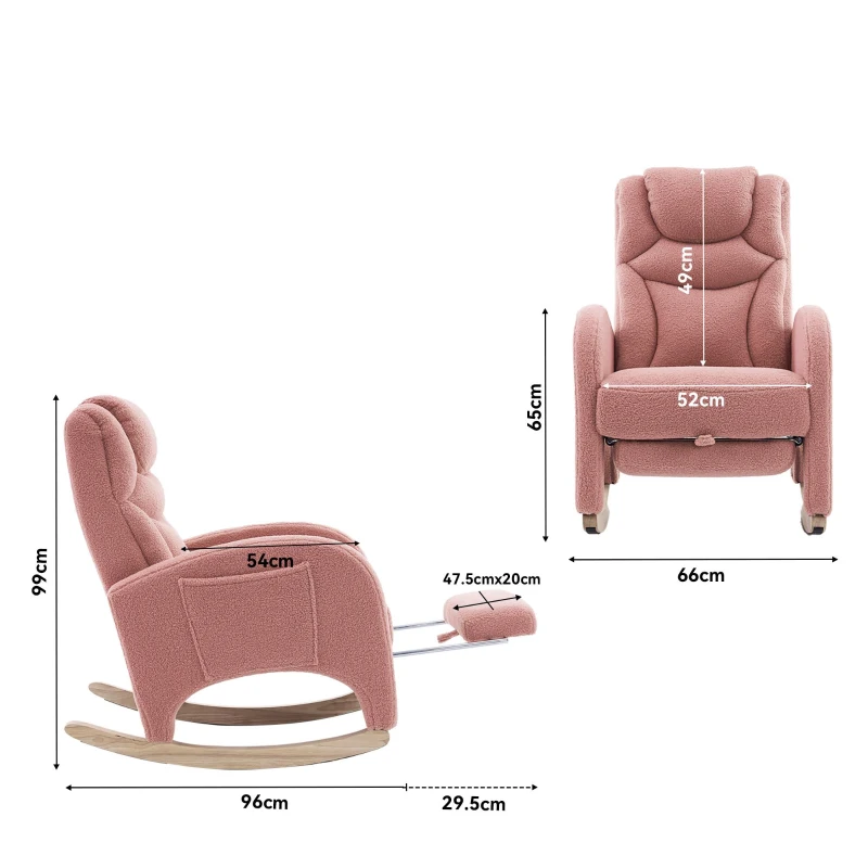 Silla Mecedora Sillón Relax con Reposabrazos Acolchado y Ergonómico para Sala de Estar y Dormitorio 66x96-125,5x99 cm Rosa