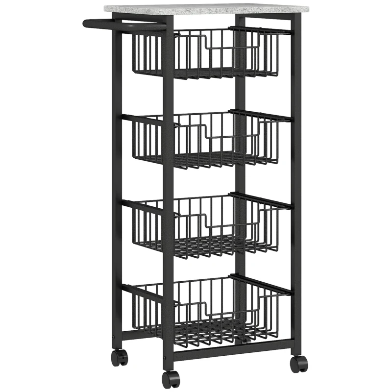 HOMCOM 4-stufige Küchenwagen auf Rädern, Rollbarer Servierwagen, Küchen-Trolley mit 4 Stahlkörben, Servierwagen