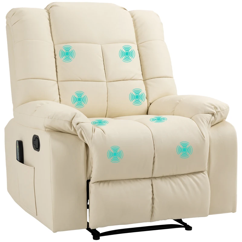 HOMCOM Massagesessel, Relaxsessel, 8 Vibrationspunkte, Liegefunktion, Kunstleder, cremeweiß, 94x99x99cm