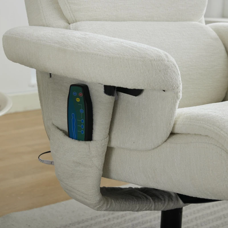 Fauteuil relax avec fonction d'inclinaison et massage 5 points, fauteuil TV avec fonction de chauffage électrique et repose-pieds, pivotant à 360°, tissu chenille, 75,5x77x100 cm, Blanc
