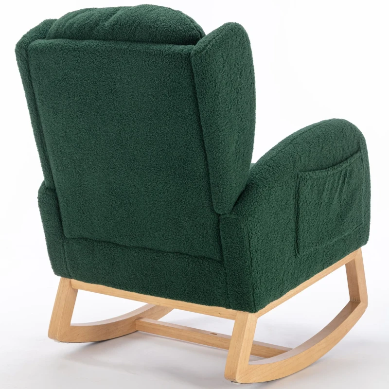 Sedia a dondolo moderna rivestita in tessuto Teddy con design ergonomico a schienale alto, per soggiorno e camera da letto, 71x96.5x101 cm, Verde