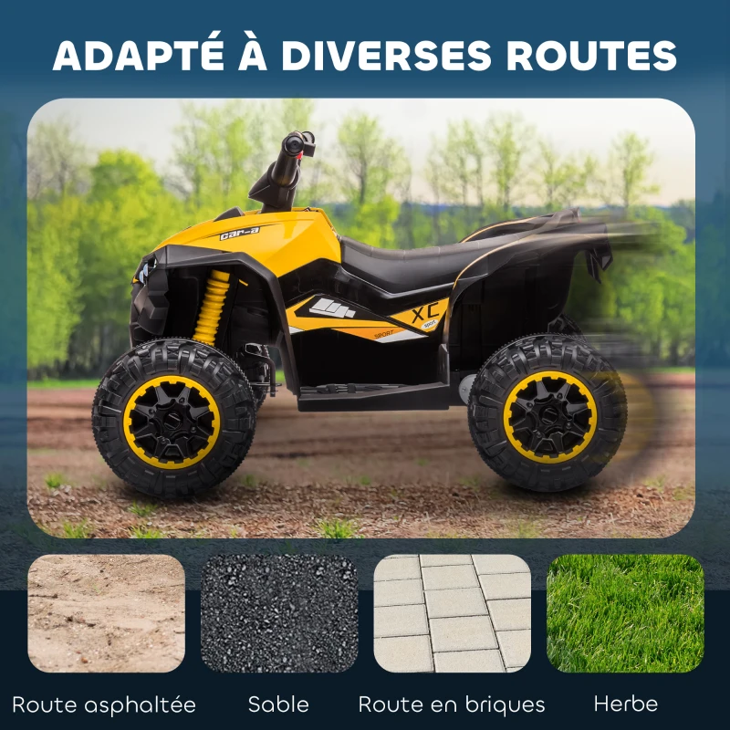 HOMCOM Quad électrique enfant 12 V, voiture électrique enfants 2 moteurs 2 vitesses 3-6 km/h, phares LED, klaxon, pour enfant de 3 à 5 ans, poignée et selle ergonomique, jaune(m-5)